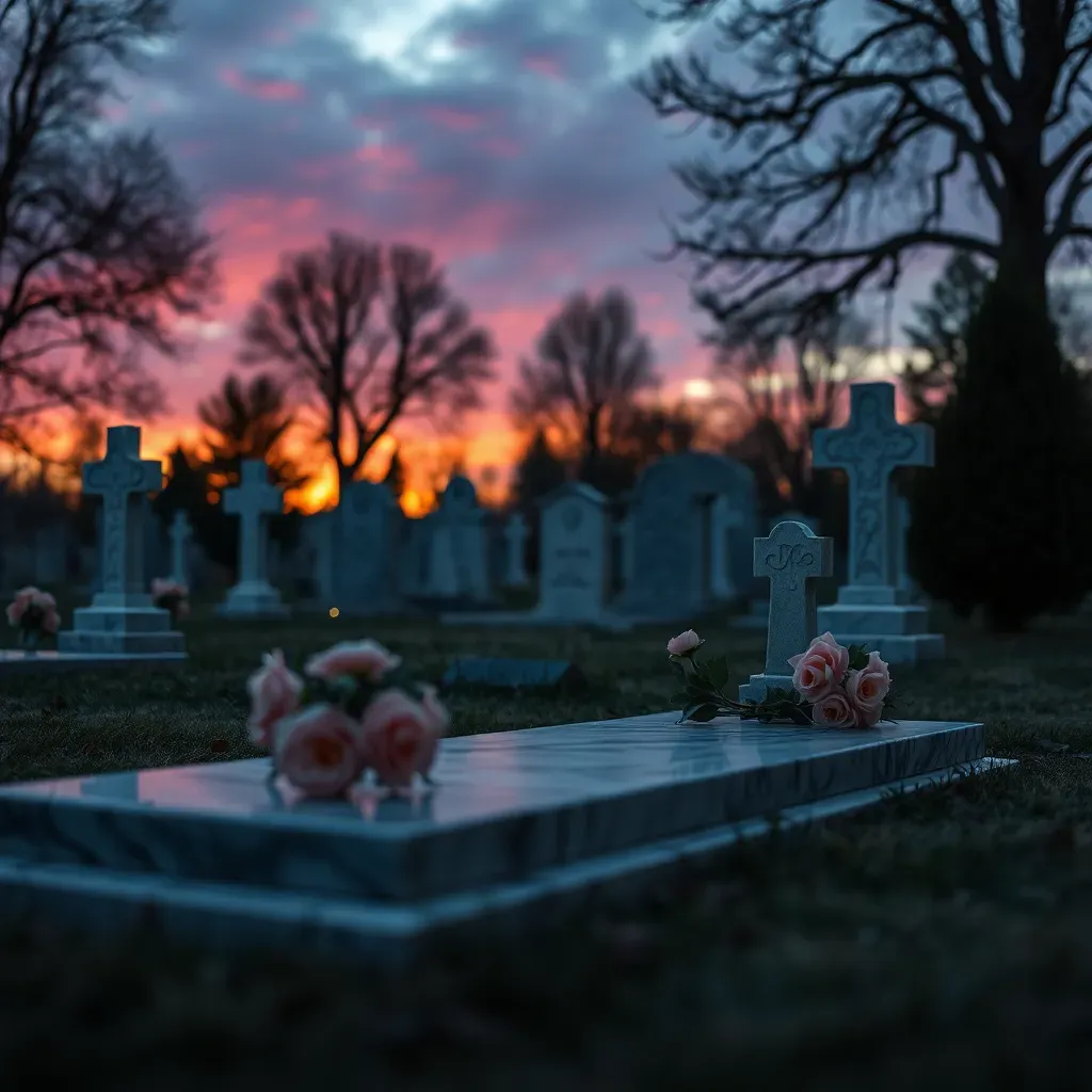 Tombe en marbre avec bouquet de roses roses au lever du soleil sur un cimetière.
